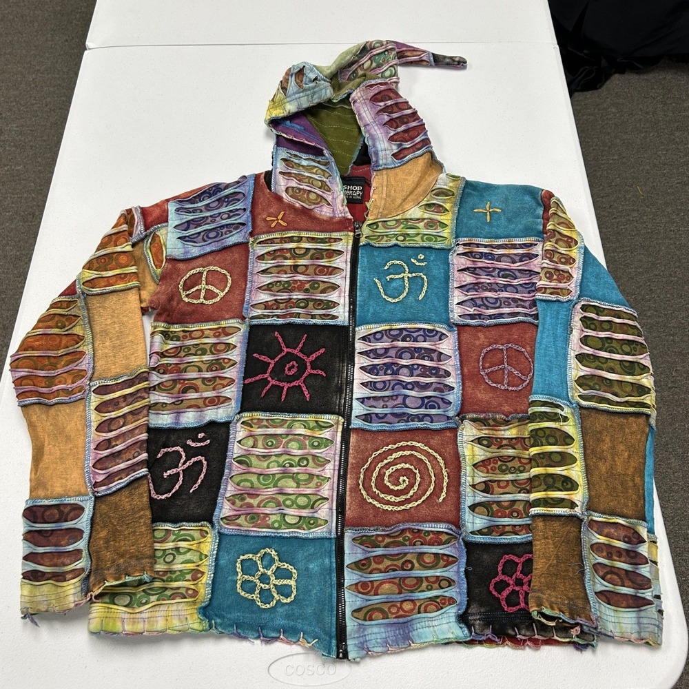 Shop Therapy Patchwork Hoodie Womans L Multicolor Razor Cut Embroidered Zip